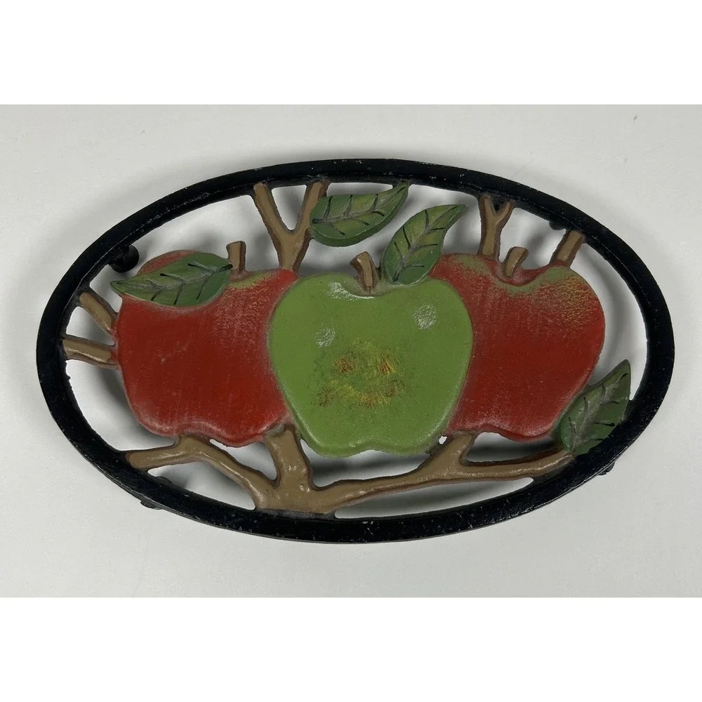 VTG Cast Iron Oval Red Green Apple Painted Trivet Hot Plate 7.75